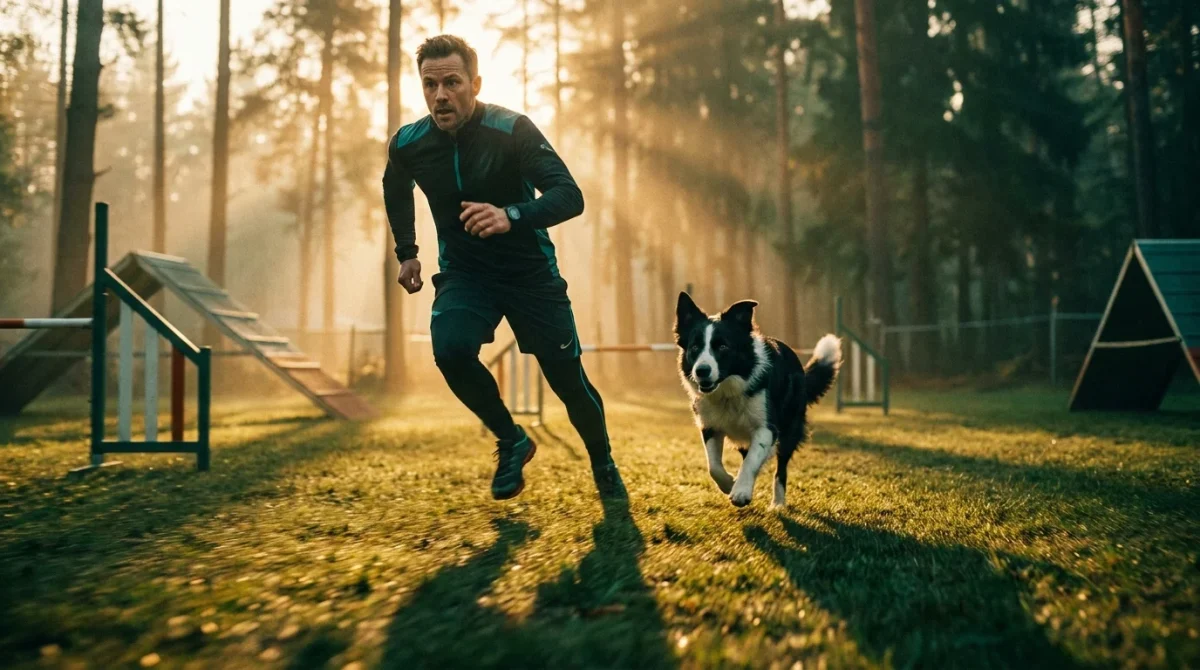 Un stăpân și un Border Collie alergând în viteză pe un teren de agility la răsărit.