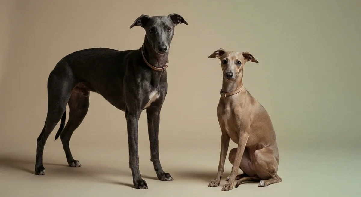 Un Whippet și un Mic Levrier Italian stând unul lângă altul pentru a evidenția diferența de mărime.