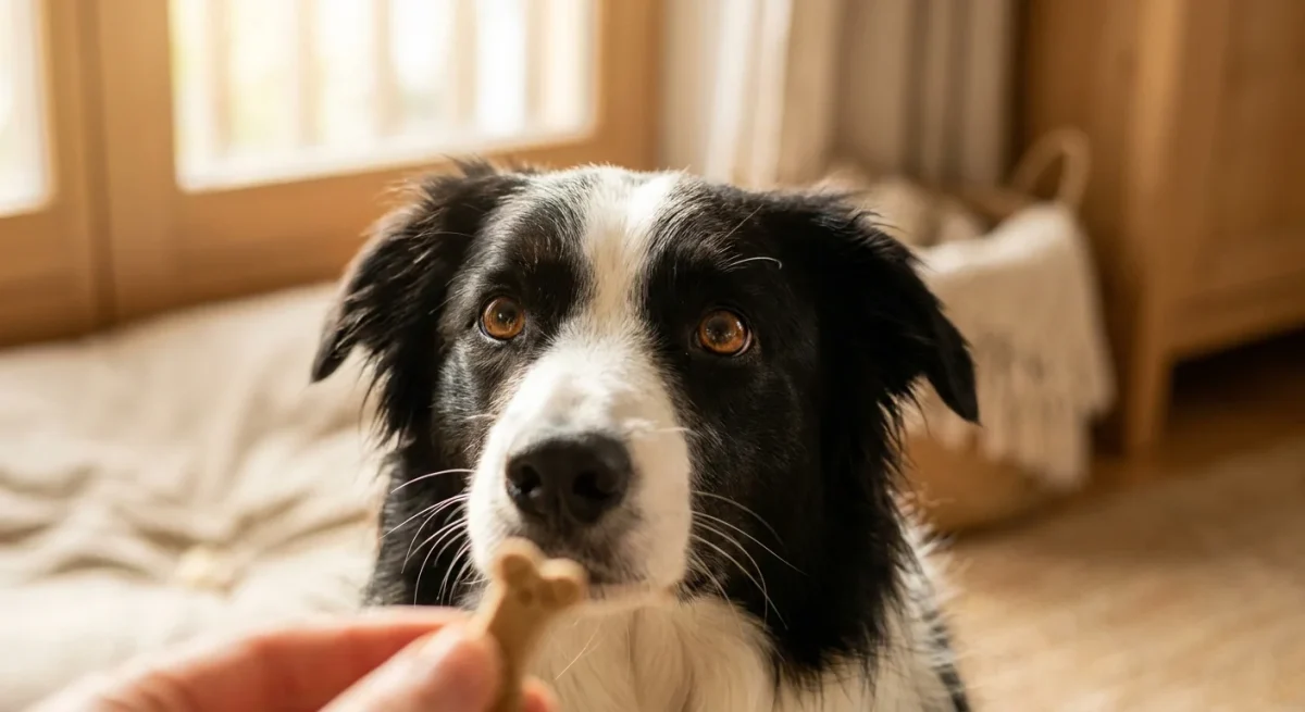 Close-up cu ochii unui Border Collie concentrat la stăpânul său în timpul dresajului.