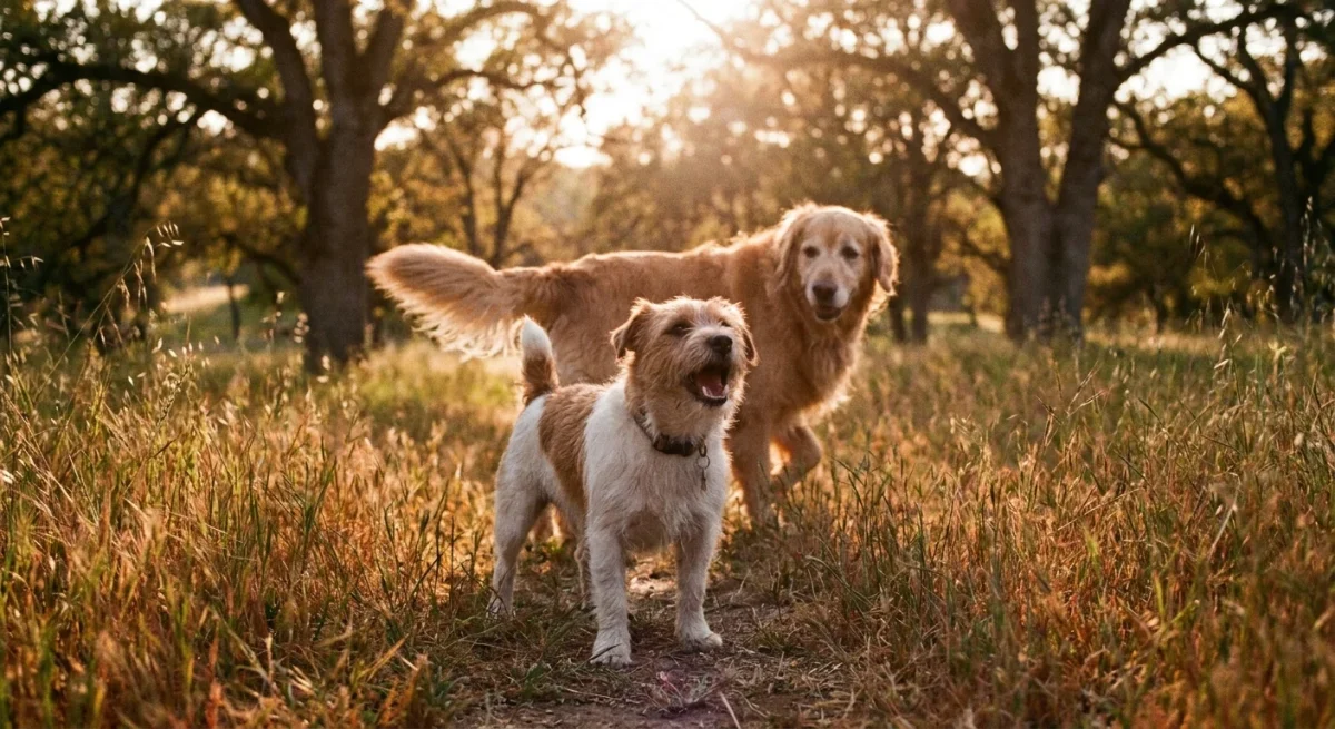 Doi câini interacționând într-un parc, unul mic lătrând atent și un Golden Retriever privindu-l cu curiozitate.