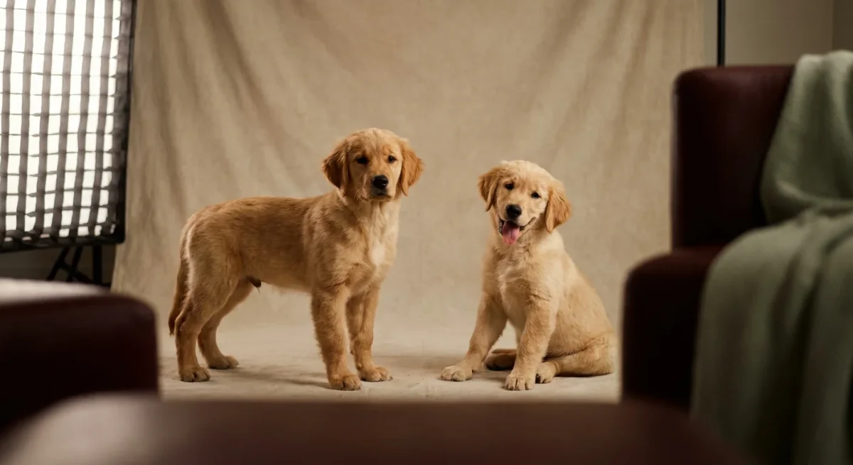 Doi pui de Golden Retriever ilustrând contrastul dintre postura de concurs și farmecul relaxat al unui animal de companie.
