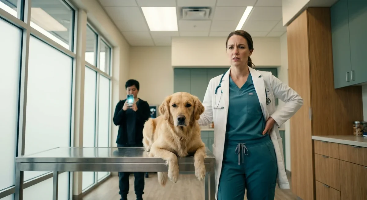 Medic veterinar stresat lângă un câine pe masa de consultație, cu un stăpân distras de telefon în fundal.