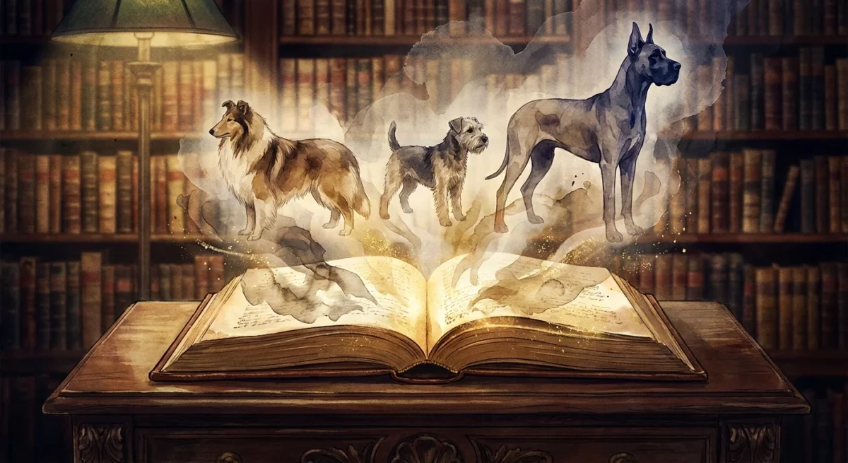 O ilustrație artistică cu o carte veche deschisă din care ies siluete magice de câini, simbolizând literatura canină.