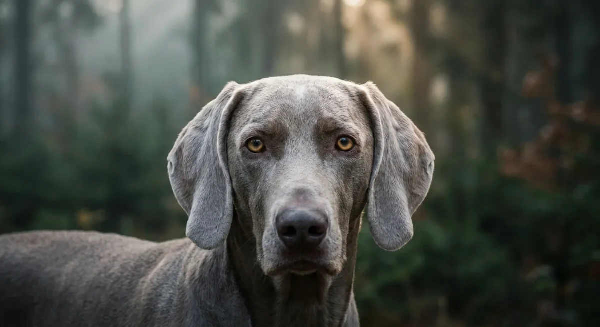 Portret cinematic al unui Weimaraner cu blană argintie și ochi de chihlimbar într-o pădure cețoasă.