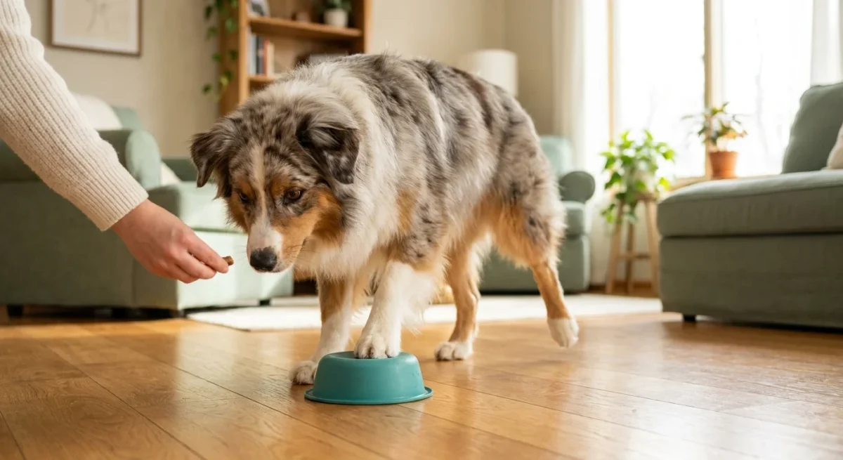 Un câine Australian Shepherd exersează pivotarea cu labele pe un castron întors, demonstrând coordonarea picioarelor din spate.