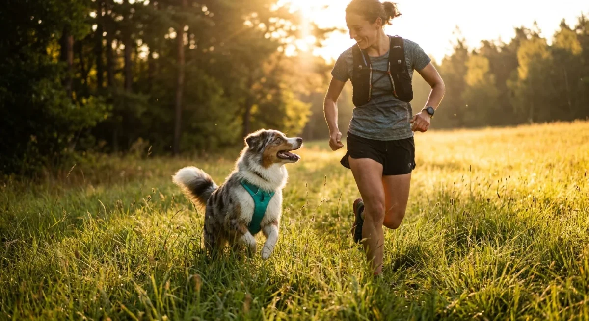 Un câine Australian Shepherd și stăpânul său alergând plini de energie printr-o pajiște în lumina caldă a apusului.