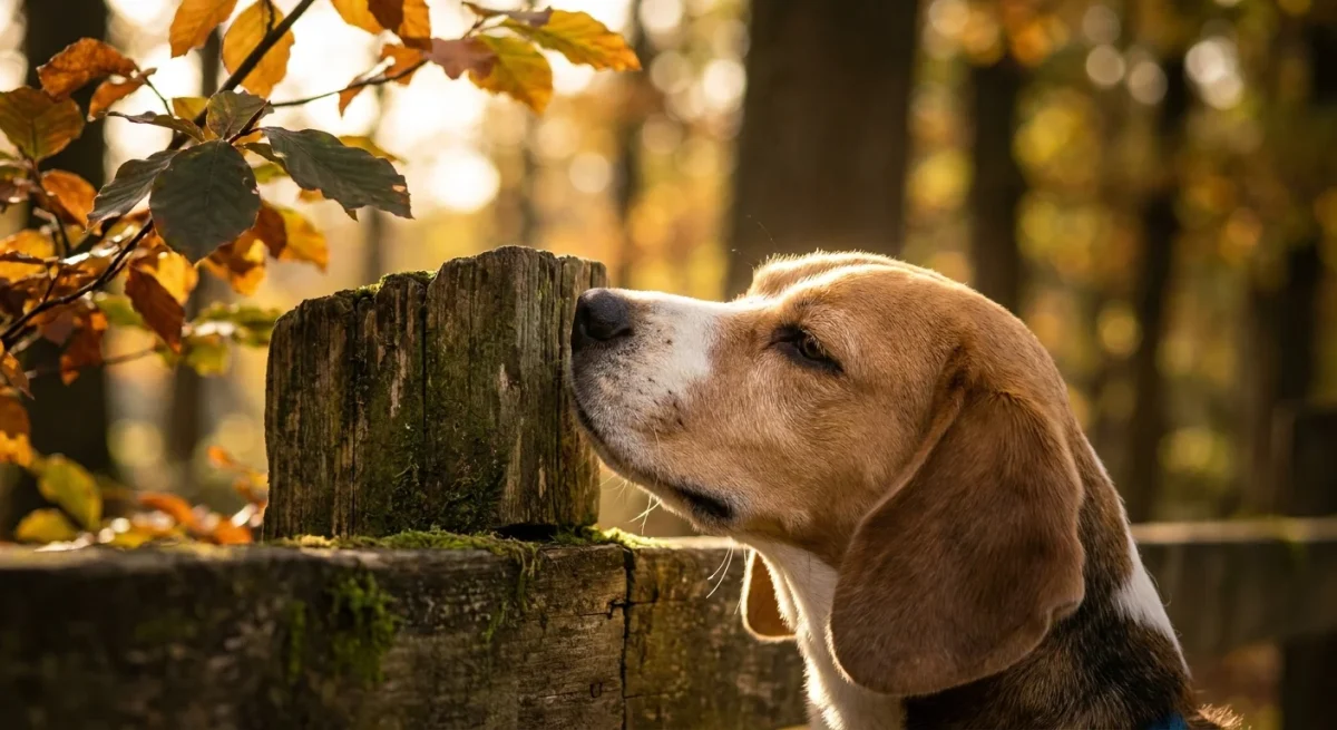 Un câine Beagle adulmecând cu atenție un stâlp de lemn într-un parc luminat de soare, ilustrând comunicarea prin miros.