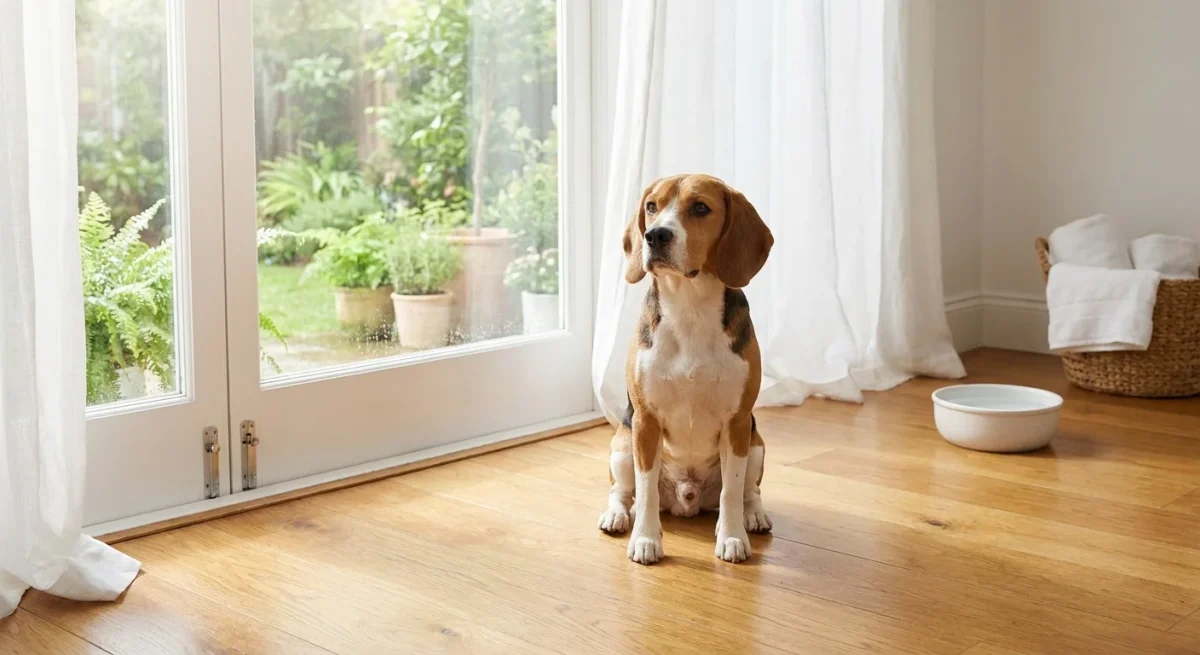 Un câine Beagle fericit stând într-o casă curată și luminoasă, sugerând victoria împotriva paraziților.