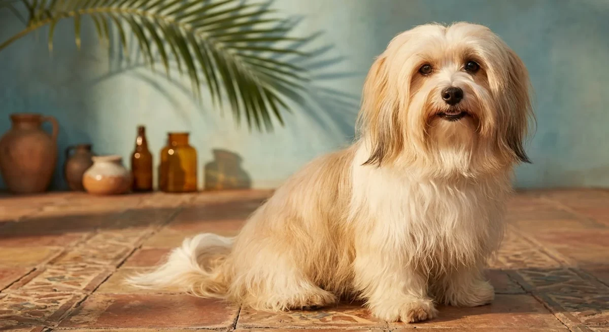 Un câine Bichon Havanez cu blană lungă și mătăsoasă stând pe o podea cu model vintage, în lumină caldă.