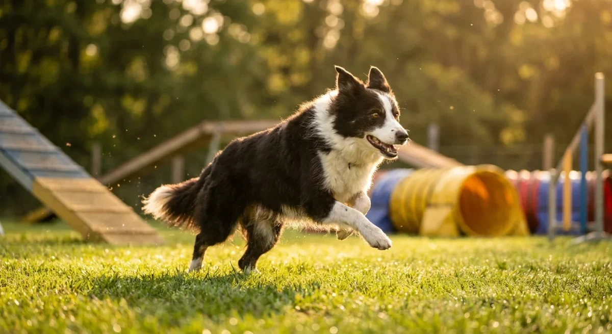 Un câine Border Collie cu trei picioare alergând plin de energie pe un teren de agility în lumina apusului.