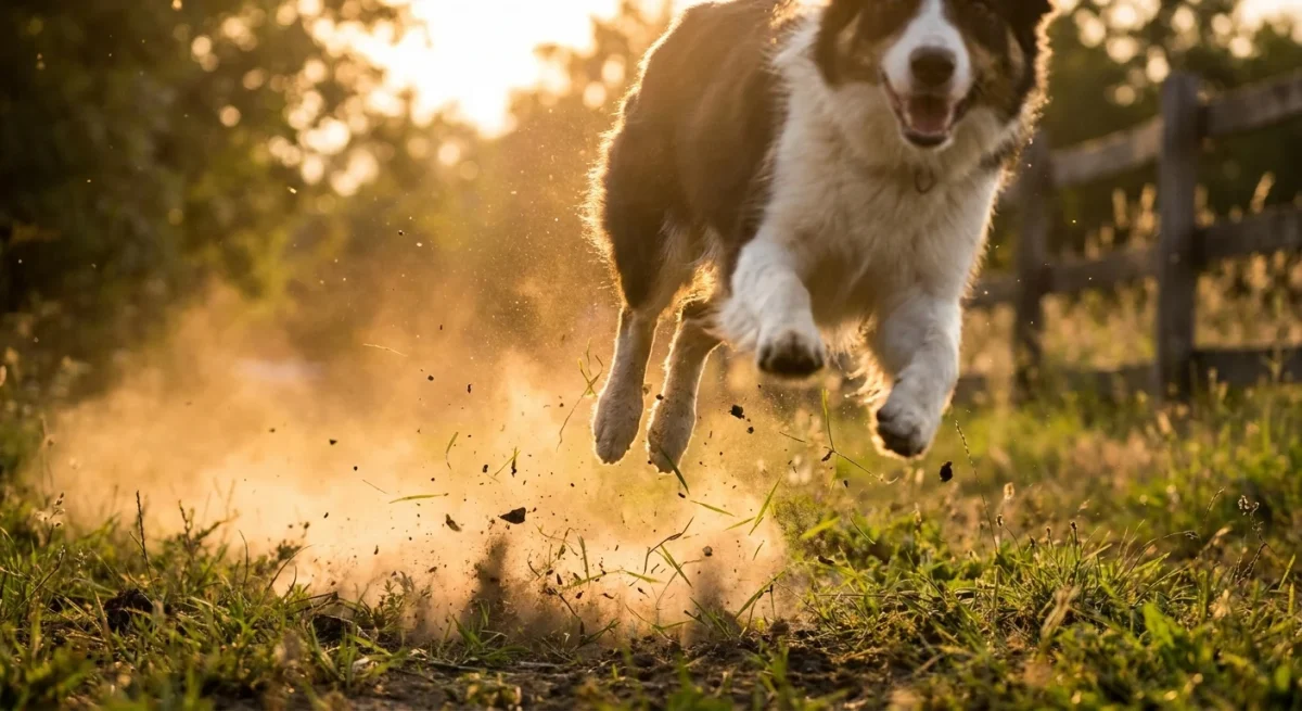 Un câine Border Collie dă cu picioarele în iarbă, aruncând fire de gazon în aer într-un parc luminat de soare.
