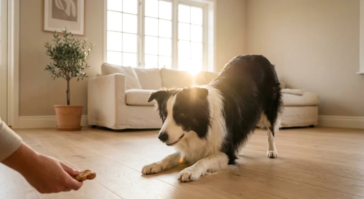 Un câine Border Collie executând o plecăciune în timpul unei sesiuni de dresaj într-o cameră luminoasă.