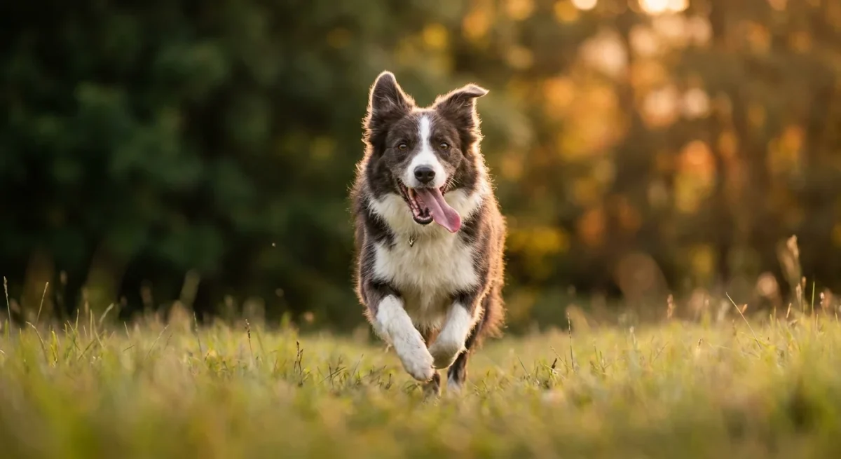 Un câine Border Collie fericit alergând cu viteză spre cameră pe o pajiște însorită, ilustrând succesul dresajului prin joacă.