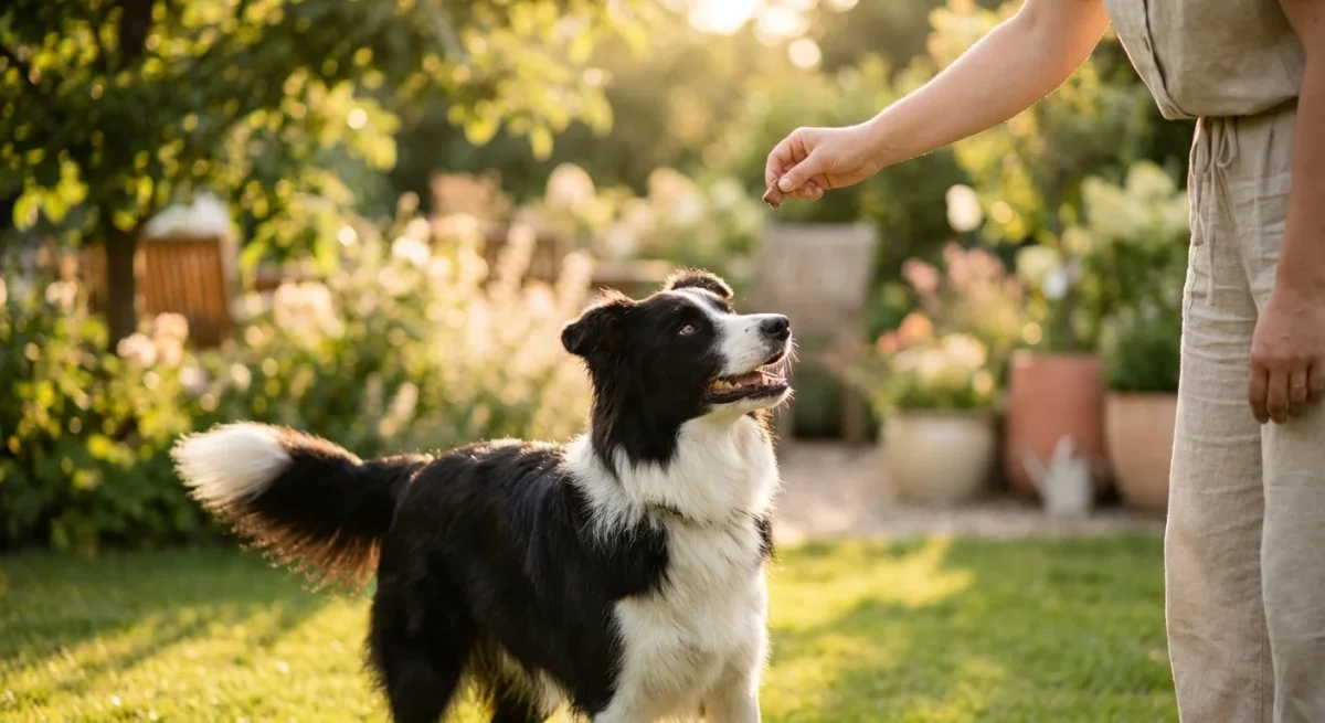 Un câine Border Collie fericit privește cu atenție la stăpânul său în timpul unei sesiuni de dresaj în aer liber.