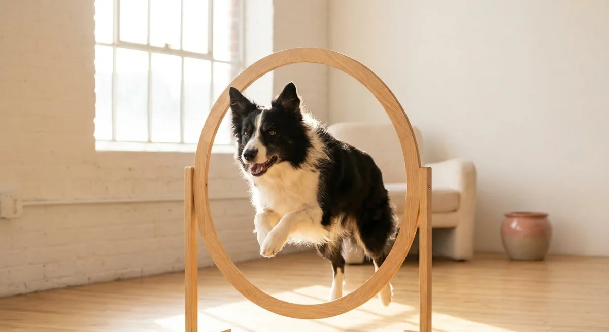 Un câine Border Collie sărind cu grație printr-un cerc de lemn într-o cameră luminoasă de antrenament.