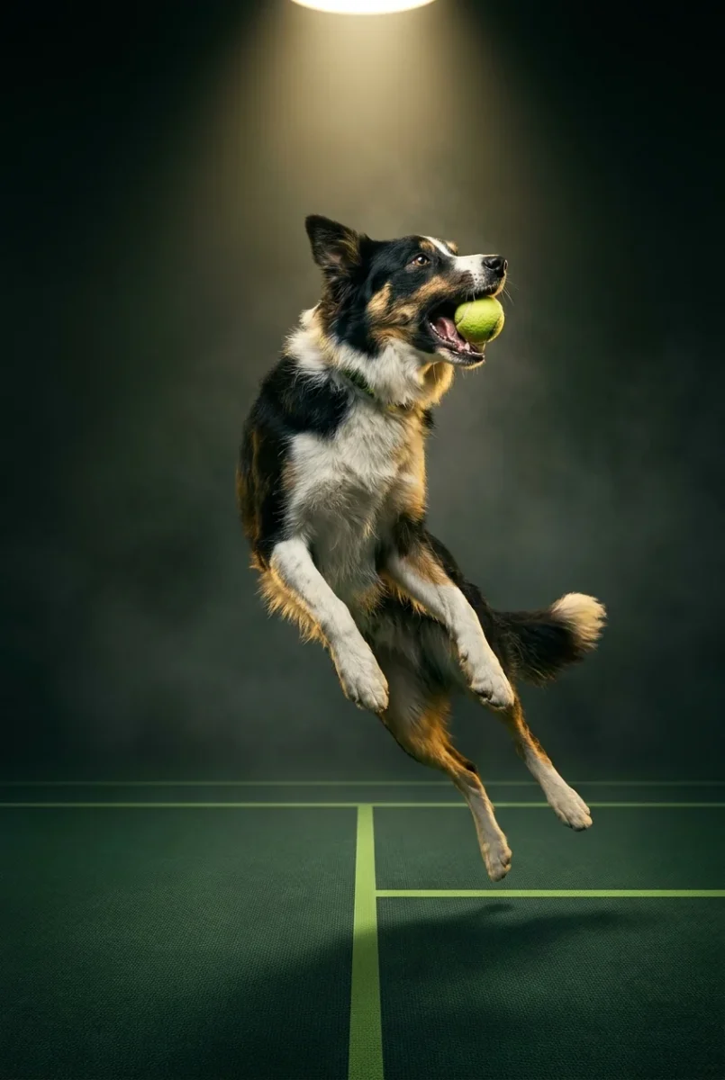 Un câine Border Collie surprins în săritură în timp ce prinde o minge de tenis, sub o lumină dramatică de stadion.
