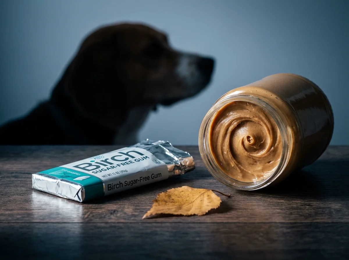 Un câine curios lângă un borcan de unt de arahide și gumă de mestecat pe un blat de bucătărie, simbolizând pericolul xilitolului.