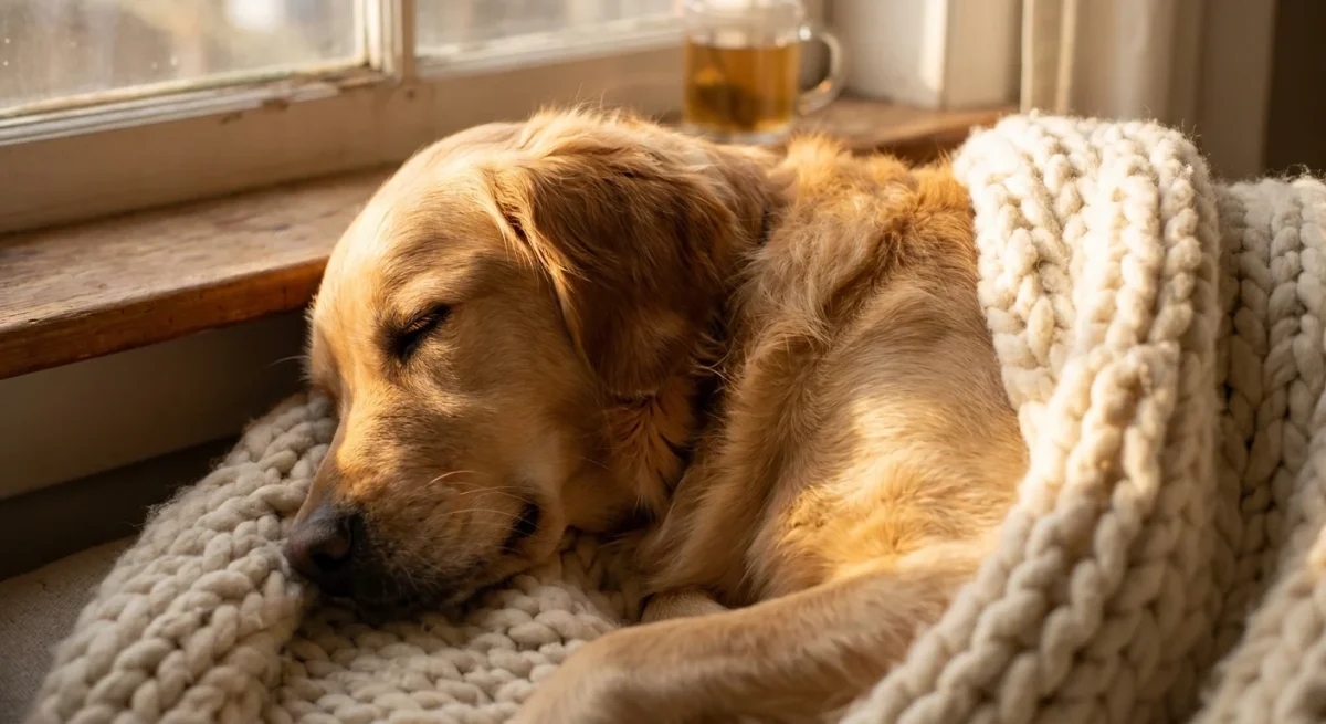 Un câine de rasă Golden Retriever dormind liniștit pe o pătură bej, într-o lumină caldă de dimineață.