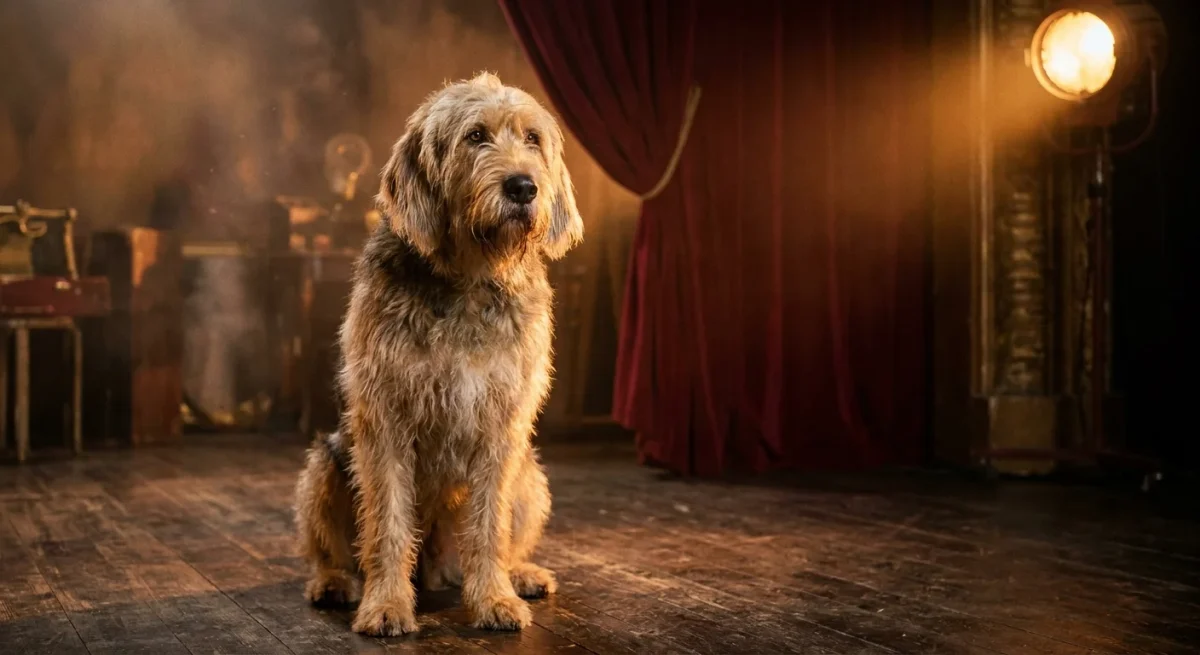 Un câine din rasa Otterhound stând pe o scenă de teatru veche, sub lumina unui reflector.