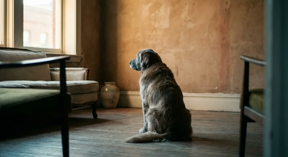 Un câine Golden Retriever stă într-o cameră luminată difuz și se uită fix la un perete gol, sugerând curiozitate.