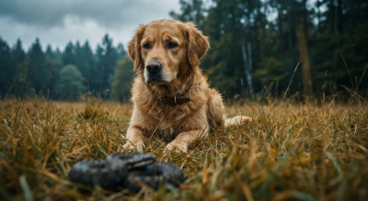 Un câine Golden Retriever stând alert în iarbă înaltă, sugerând pericolul ascuns al unei mușcături de șarpe.