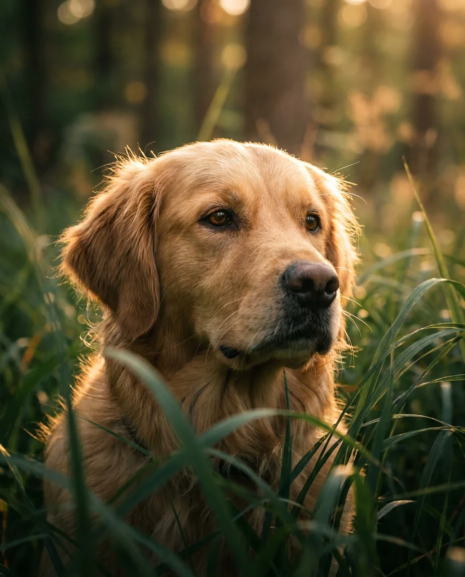Un câine Golden Retriever stând în iarbă înaltă, sugerând riscul de căpușe în mediul natural.