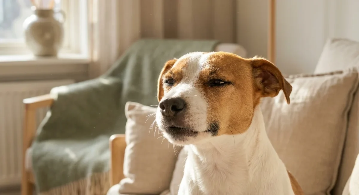 Un câine Jack Russell Terrier cu nasul încrețit într-o lumină caldă de interior, sugerând un strănut.