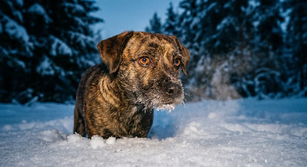 Un câine mic stând în zăpadă adâncă, ilustrând vulnerabilitatea animalelor de companie la temperaturi de îngheț.