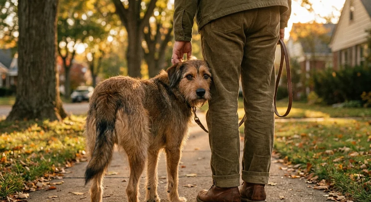 Un câine speriat stă aproape de picioarele stăpânului pe o alee liniștită, în timpul unei plimbări.