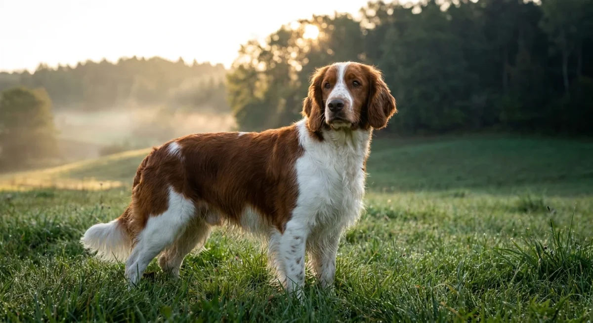Un câine Welsh Springer Spaniel cu blană roșu cu alb stând într-o pajiște cu rouă la răsărit.