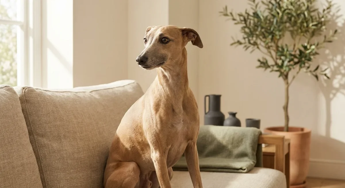 Un câine Whippet elegant stând pe o canapea, luminat natural, evidențiind silueta sa distinctivă și privirea blândă.