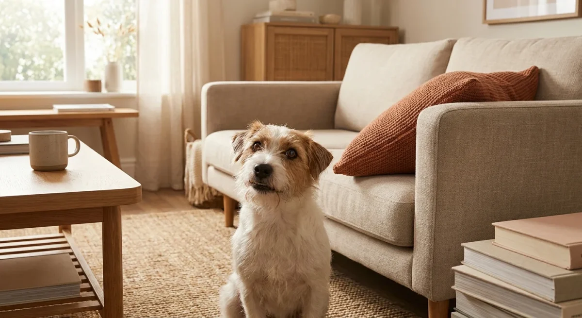 Un cățel simpatic Jack Russell pe covor, privind vinovat spre cameră lângă o pernă de pe canapea.