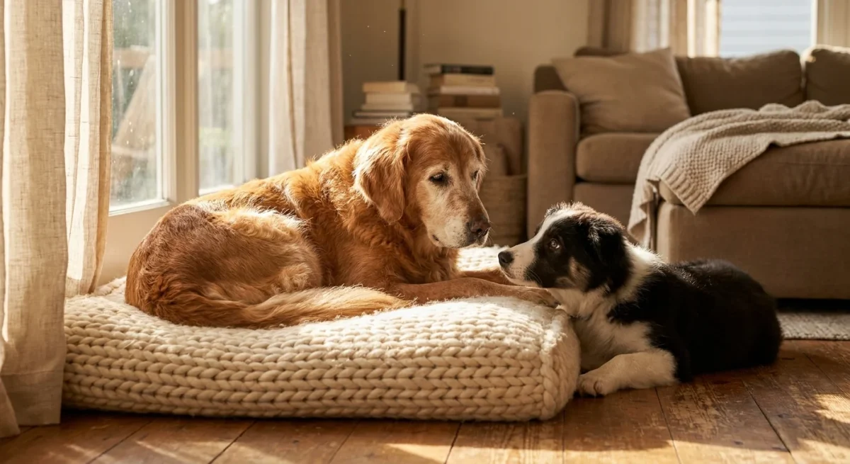 Un cățel tânăr stă liniștit lângă un Golden Retriever bătrân care se odihnește pe culcușul său.