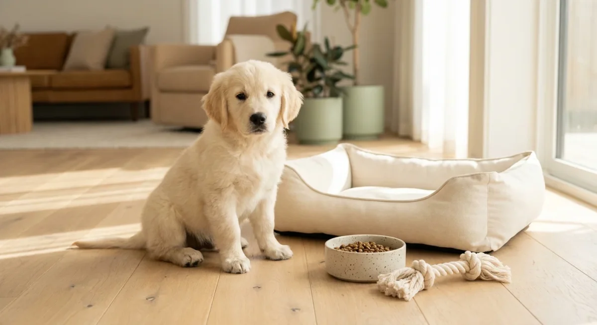 Un cățeluș de Golden Retriever stă lângă un pat pufos și accesorii noi într-o cameră luminoasă și modernă.