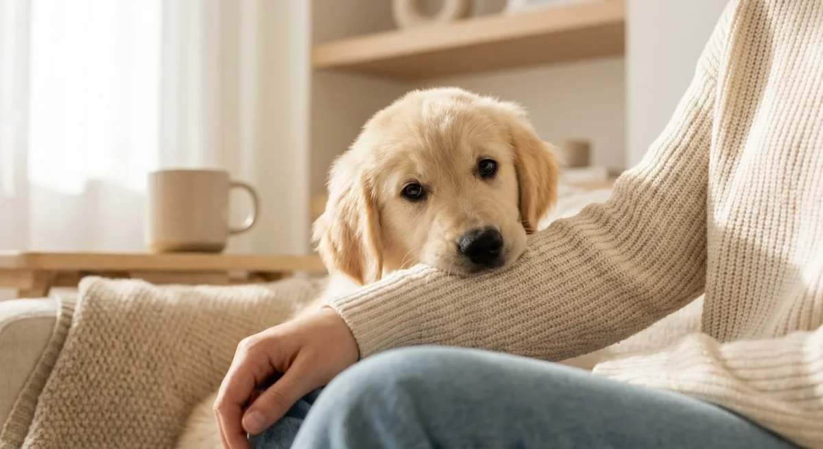 Un cățeluș de Golden Retriever trage de mâneca unui pulover tricotat, exemplificând comportamentul de ciupit.