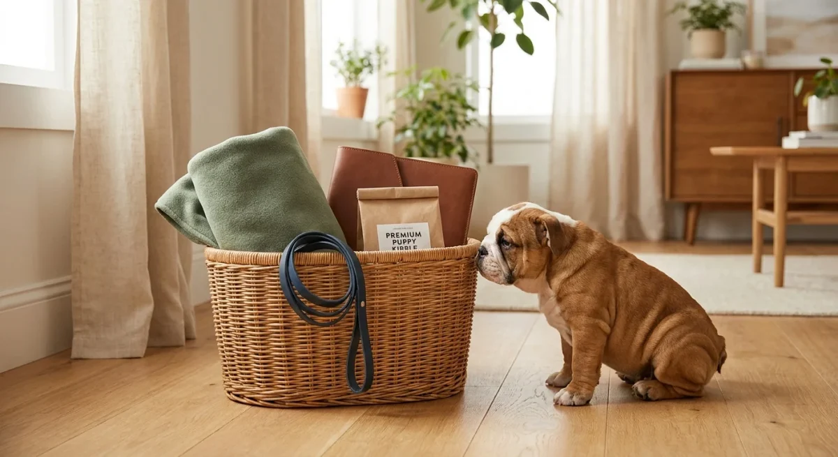 Un coș de bun venit pentru cățeluși conținând o păturică, hrană, o lesă și acte, lângă un pui de Bulldog.