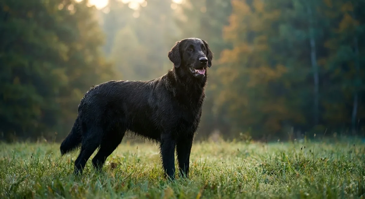 Un Flat-Coated Retriever negru strălucitor stând mândru într-o pajiște cu rouă la răsărit, ilustrând eleganța rasei.