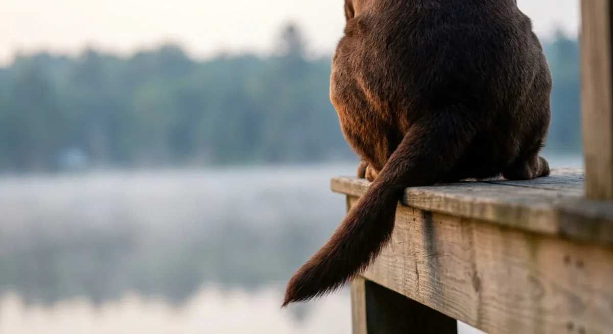 Un Labrador ciocolatiu stând pe un ponton de lemn, cu coada atârnând flasc, simbolizând sindromul cozii moale.