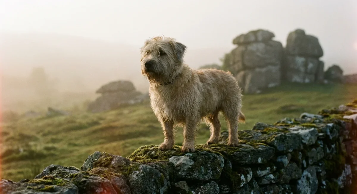 Un terrier Glen of Imaal cu proporții corecte stând pe un zid de piatră într-un peisaj muntos din Irlanda.